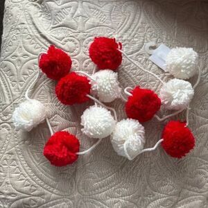 Valentines Day Red / White Pom Pom Mantel Garland One String 72"